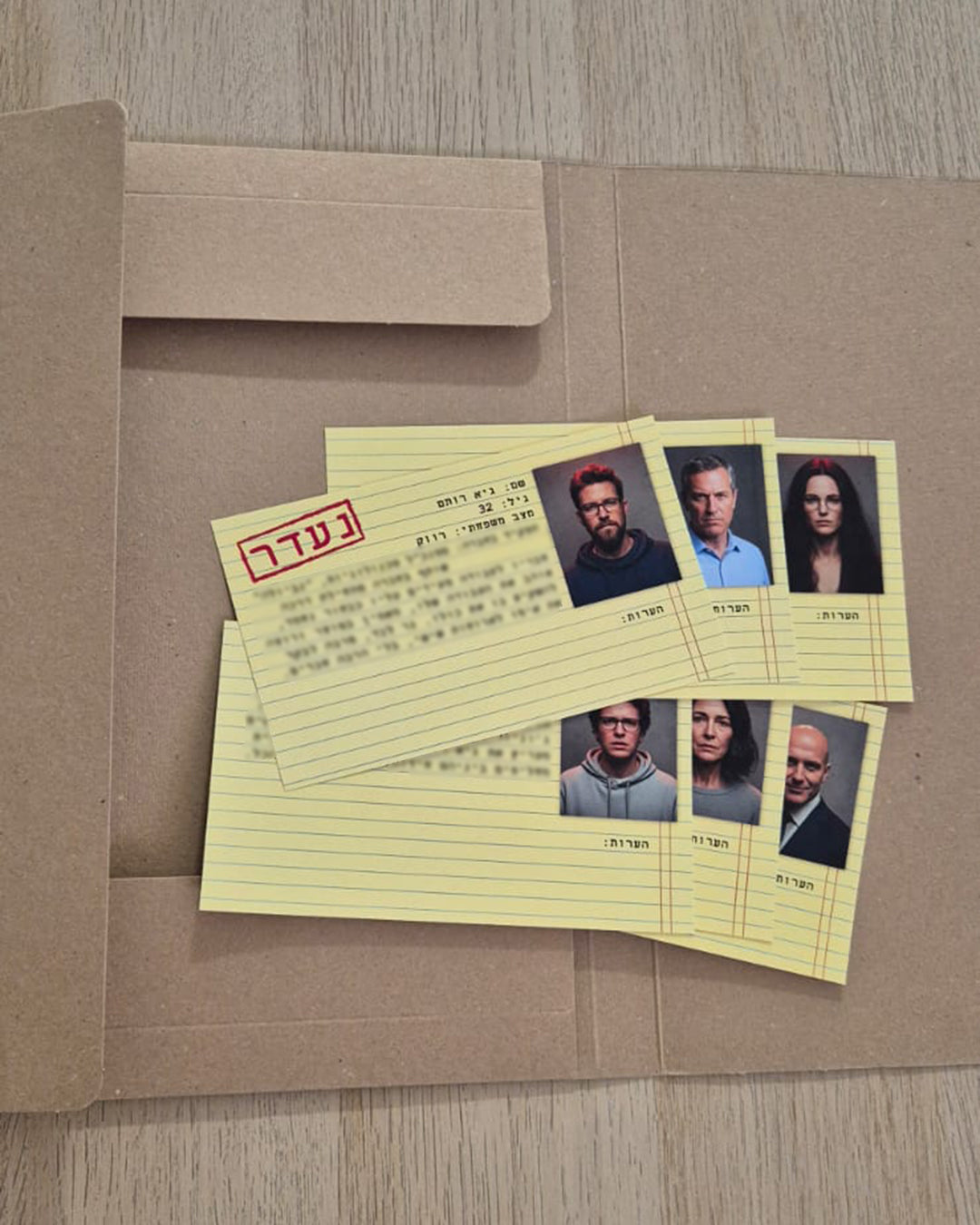 yellow paper postcards with pictures of suspects