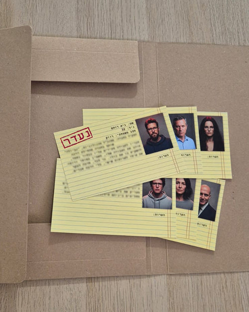yellow paper postcards with pictures of suspects