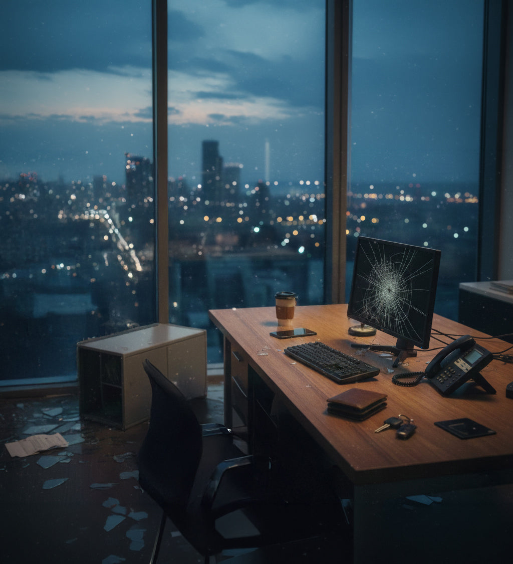 Dark office desk with a cracked monitor and cityscape view at night