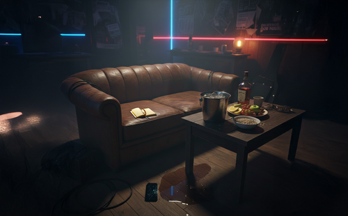 Dark room with a leather couch, table, and neon lights.