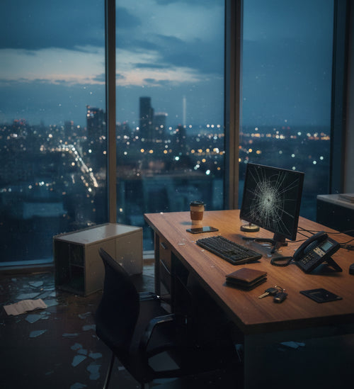 Dark office desk with a cracked monitor and cityscape view at night